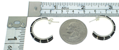 Authentic Sterling Silver And Jet Inlay Southwestern Post Hoop Earrings WX66632